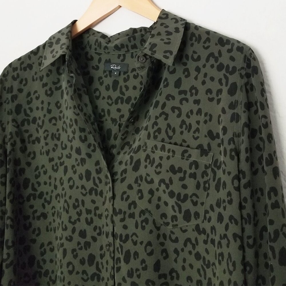 Rails Kate 100% Silk Button Down Blouse Olive Cheetah S Minimalist Designer $198 - Picture 8 of 16